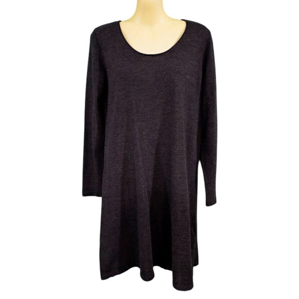Eileen Fisher Long Sleeve Knee Length Merino Wool Sweater Dress, Charcoal, Sz S